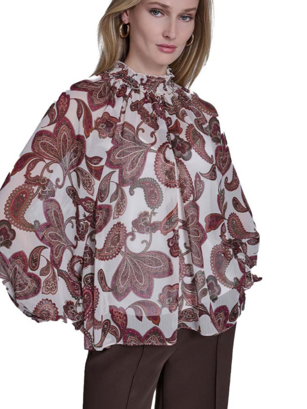 NWT BCBG Paisley Balloon Sleeves Blouse Burgundy tones Size Small